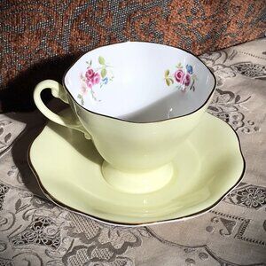 Vintage EB Foley Teacup & Saucer, Sunny Yellow , English, Floral & Gold Accents